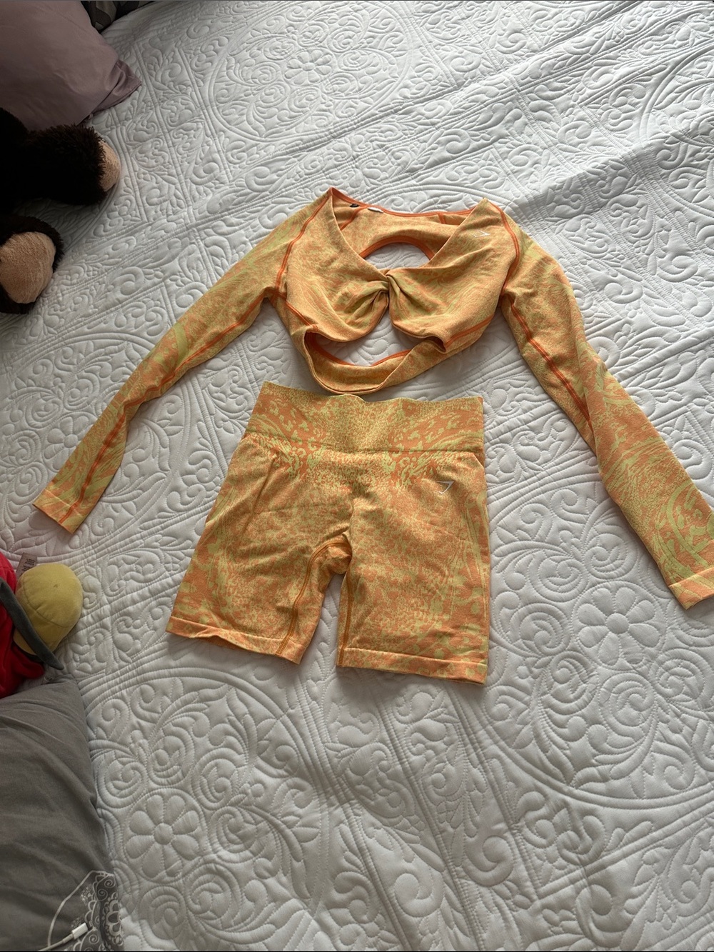 Gymshark Orange-Yellow Twist Back Long Sleeve Top and High-Waist Bike Shorts Set